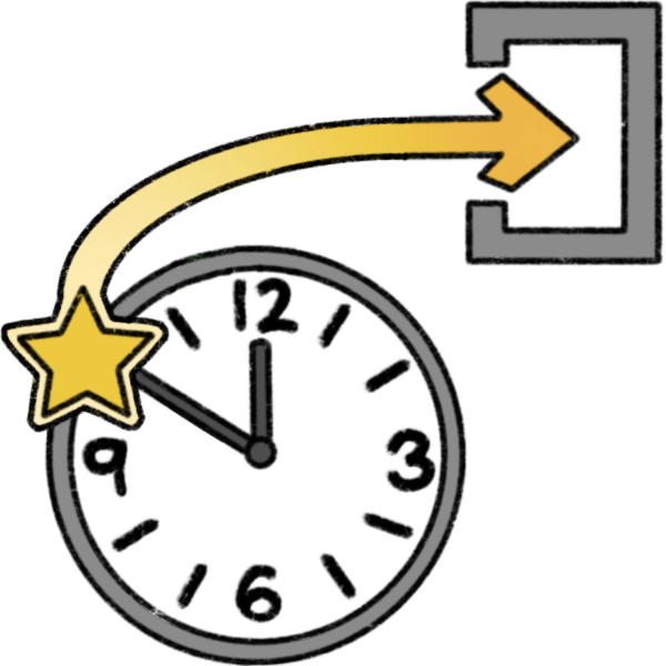  a clock with a yellow star at the end of the minute hand. From the star is a yellow arrow leading out a doorway.